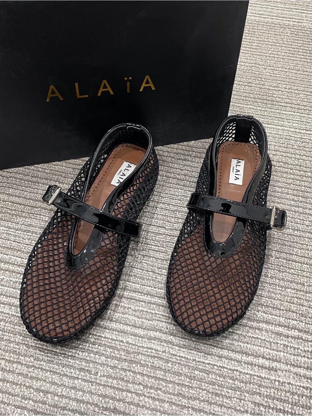 Alaïa Black Mesh Mary Jane Flats with Patent Strap
